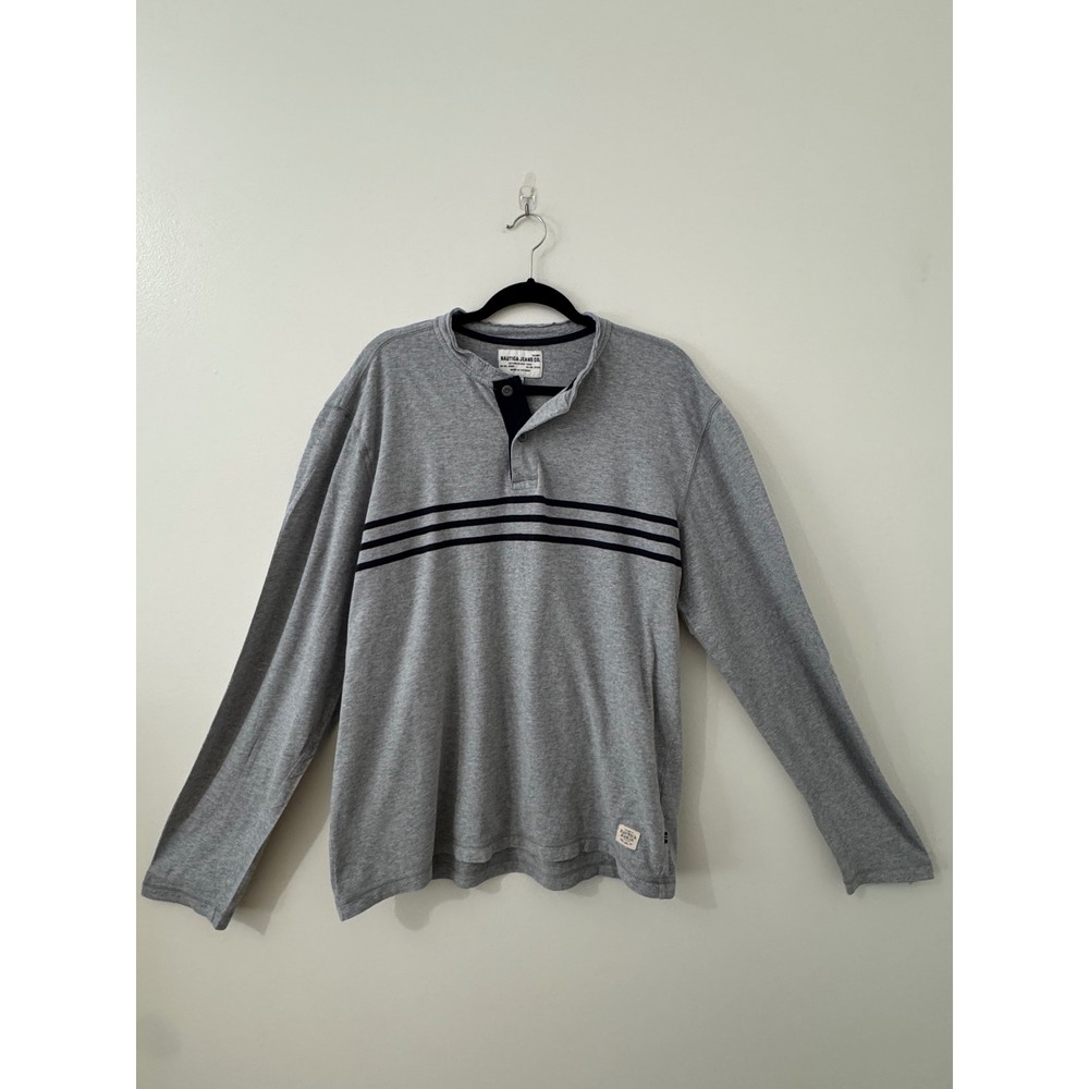 Nautica Jeans Co Gray Navy Striped Henley LS Shirt Men's XL Cotton Pullover‎ - Picture 2 of 7
